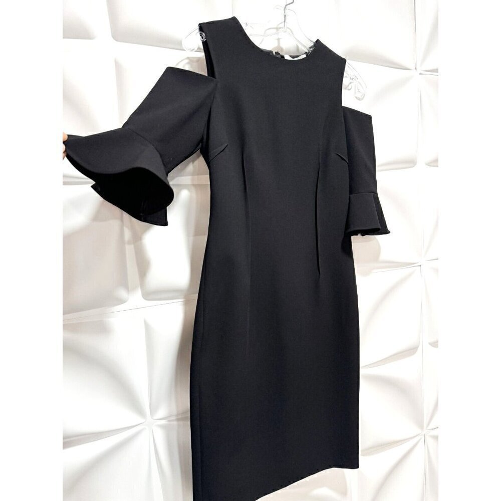 Rickie Freeman Teri Jon Sz 4 Black Cold Shoulder Ruffle Sleeve Sheath Midi Dress
